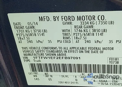 2014 Ford F-150 Xlt из США, поврежденный, VIN 1FTFW1EF2EFB97091